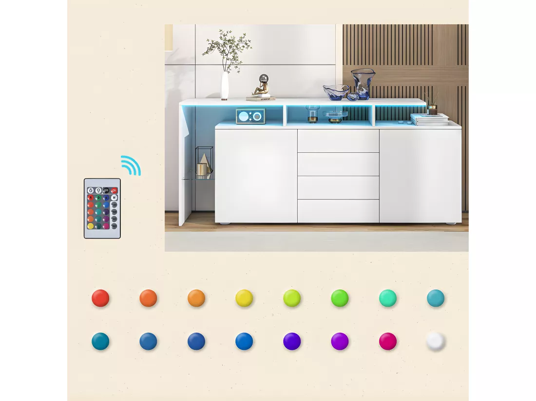 Buffet bas avec éclairage LED - 4 tiroirs et 2 portes - Blanc