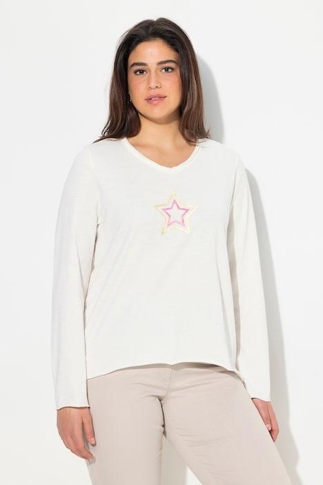 Shirt, Stern, Rollkanten, A-Linie, V-Ausschnitt, Langarm