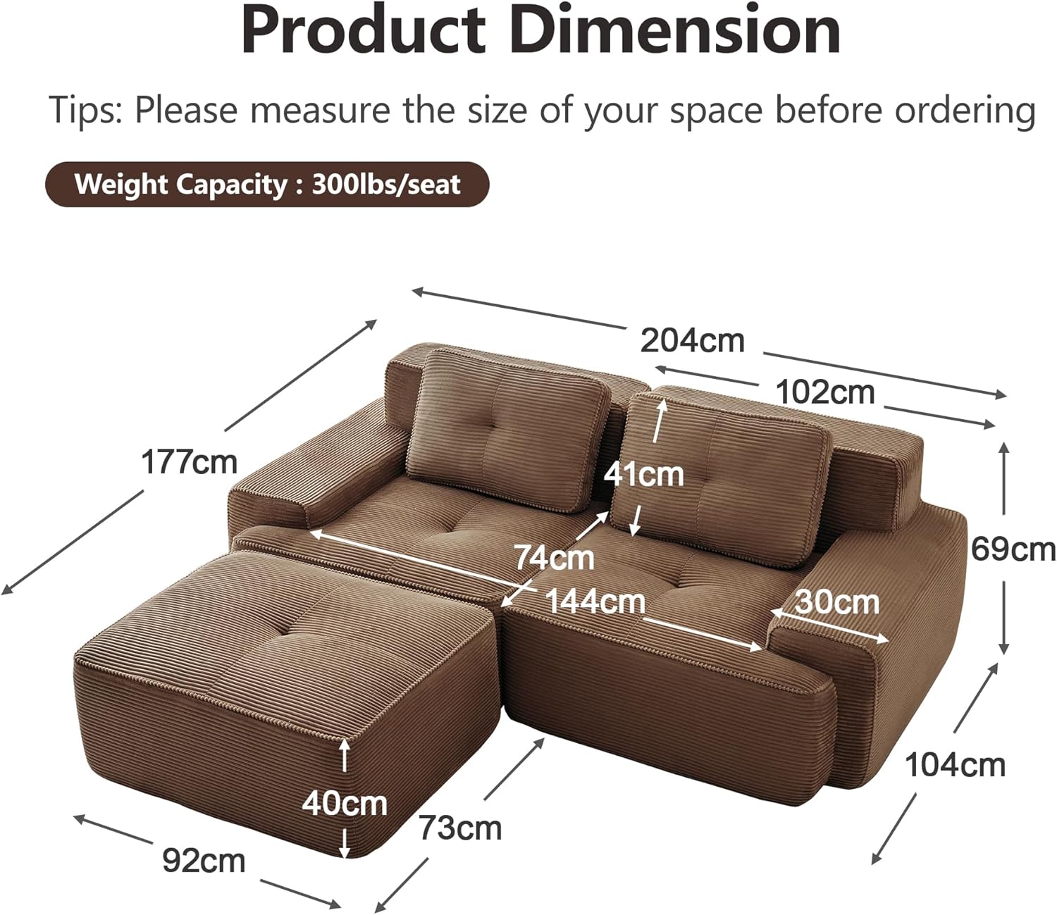 Boneless Modular 2-Sitzer-Sofa + 1 Hockern Cord, montagefrei, Tiefem Sitz, L-förmiges, modernes Ecksofa Eckcouch Couch für Wohnzimmer/Schlafzimmer/Büro/Wohnung (Braun)
