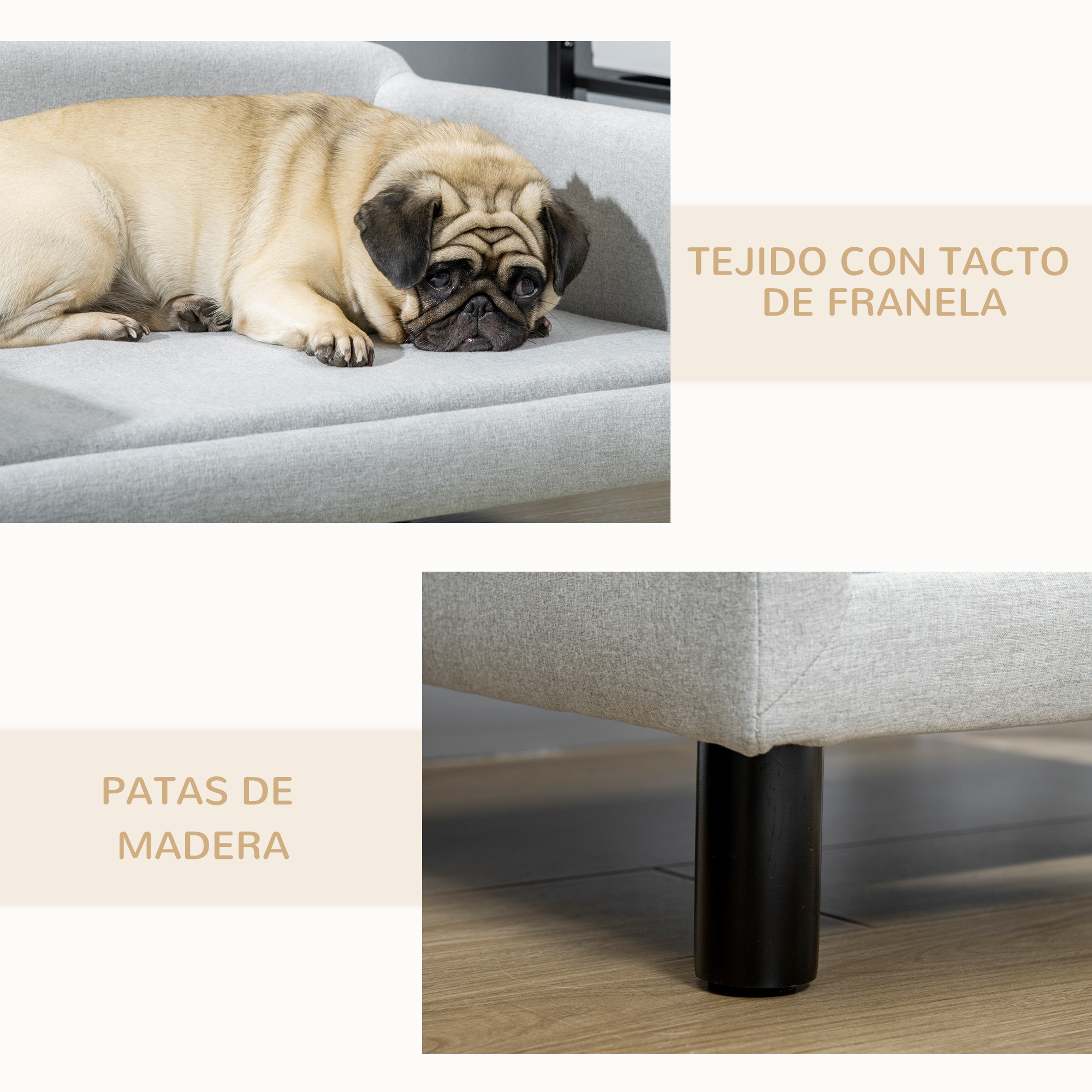 Sofá elevado para cães PawHut de tamanho médio com pés de madeira, suporta até 20 kg, dimensões 82 x 54 x 36 cm, cor cinza.