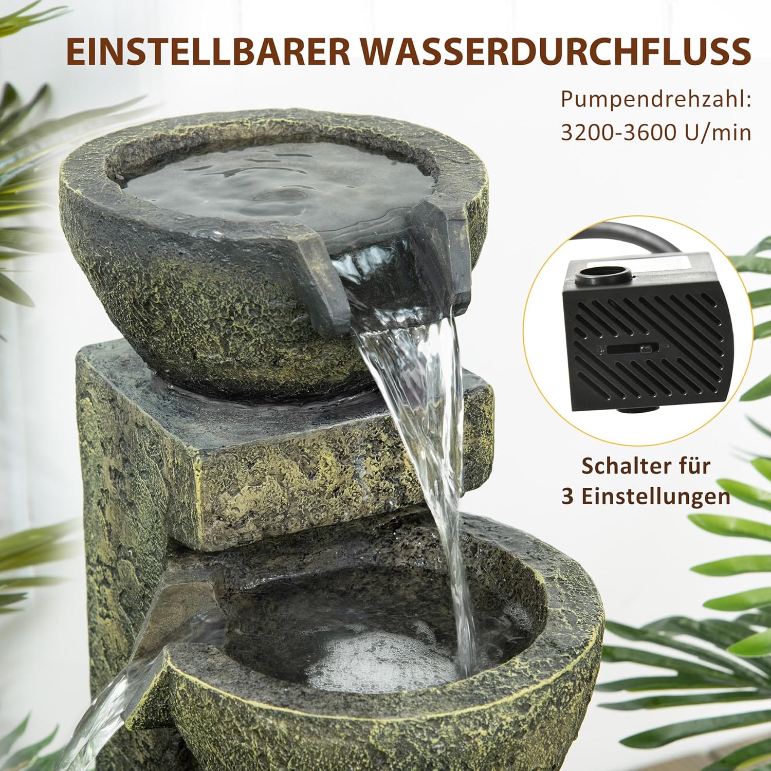 Outsunny Springbrunnen aus Kunstharz Outdoor Gartenbrunnen mit Einstellbarer Strömung Dekorationsbecken 4 Stufen Zierbrunnen für Garten Terrasse Rasen 25cm x 24cm x 60cm Schwarz