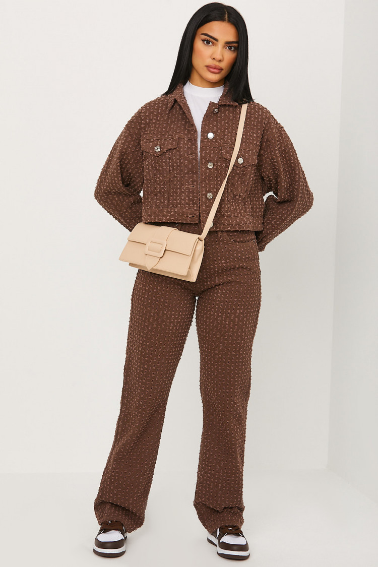 Veste courte en jeans marron à trous