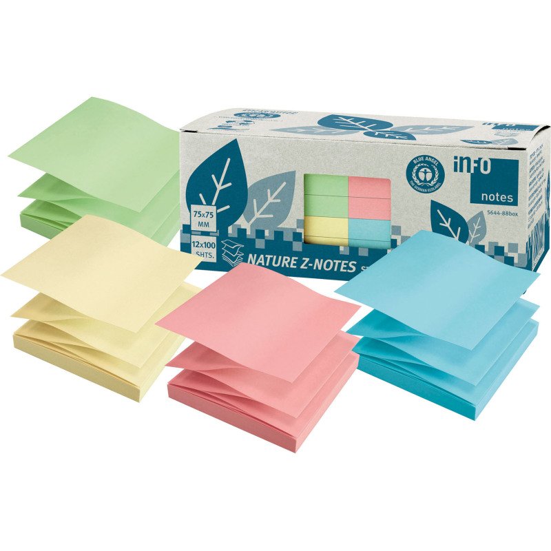 Z-notes repositionnables recyclées pastel Info Notes 75 x 75 mm - bloc de 100 feuilles