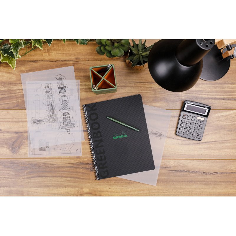 Cahier spirale Rhodia Greenbook A4+ 22,5 x 29,7 cm - petits carreaux - perforé 4 trous - 160 pages - couverture carte souple