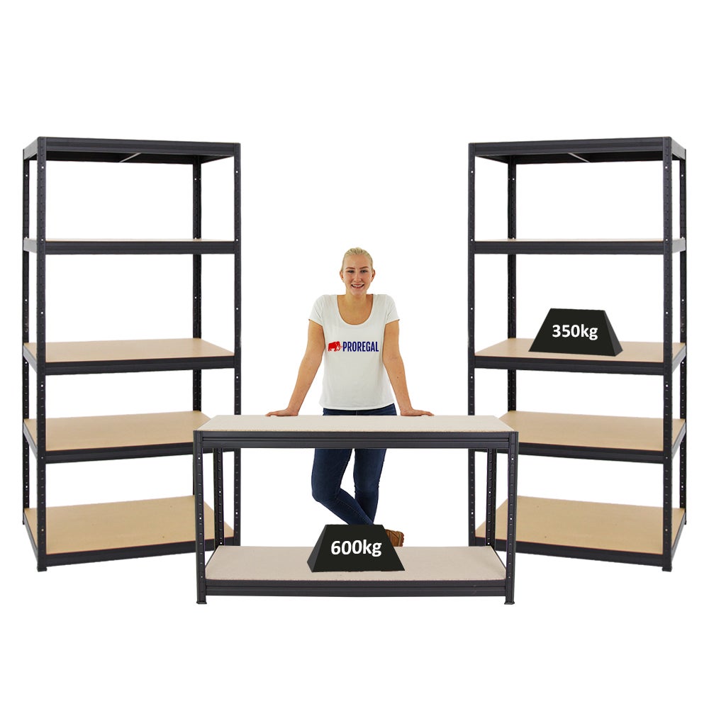 PROREGAL Mega Deal: 2x Heavy-Duty Plankenkast Slim Elephant M (HxBxD 180 x 90 x 60 cm) & 1x Hoogte Verstelbare Werkbank Big Dino (HxBxD 90 x 160 x 60 cm) Zwart