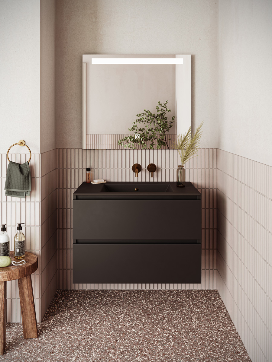 Fontana Rovigo badmeubel 80cm zwart mat met zwarte wastafel zonder kraangat en spiegel met verlichting