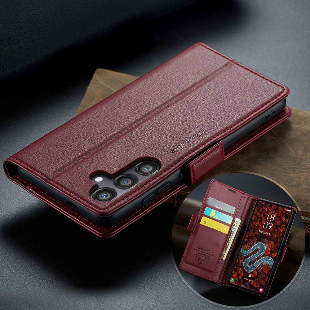 Samsung Galaxy S24 FE Leder Tasche Flip Wallet Etui mit Kartenfächern Litchi Look (RFID Schutz) - Rot