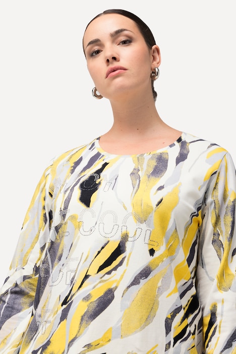 Shirt, Marmordruck, Ziersteine, Rundhals, Langarm