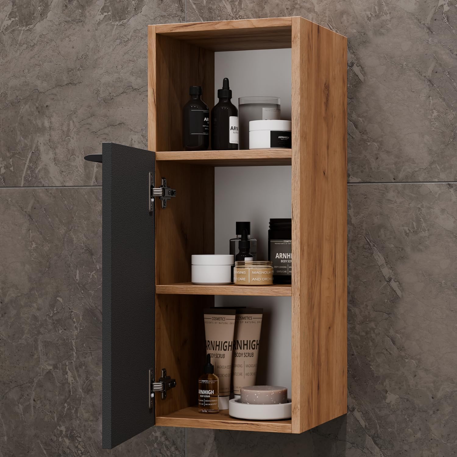 Planetmöbel Astra Badmöbel Set mit Waschtisch 60 cm mit 1x Midischrank Gold Eiche Anthrazit, Aufsatzwaschbecken 42 cm schwarz
