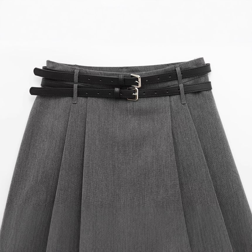 Avauntgardo - Set: Hoge taille effen geplooide mini A-lijn skort + riem