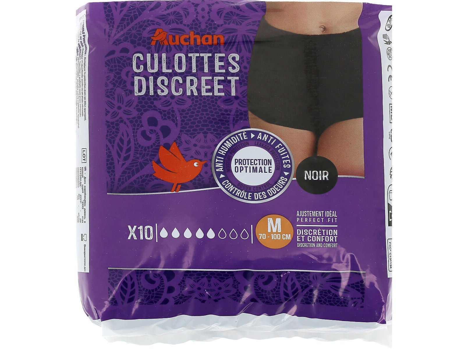 CUECAS DE INCONTINÊNCIA AUCHAN DISCREET TAMANHO M PRETO 10UN