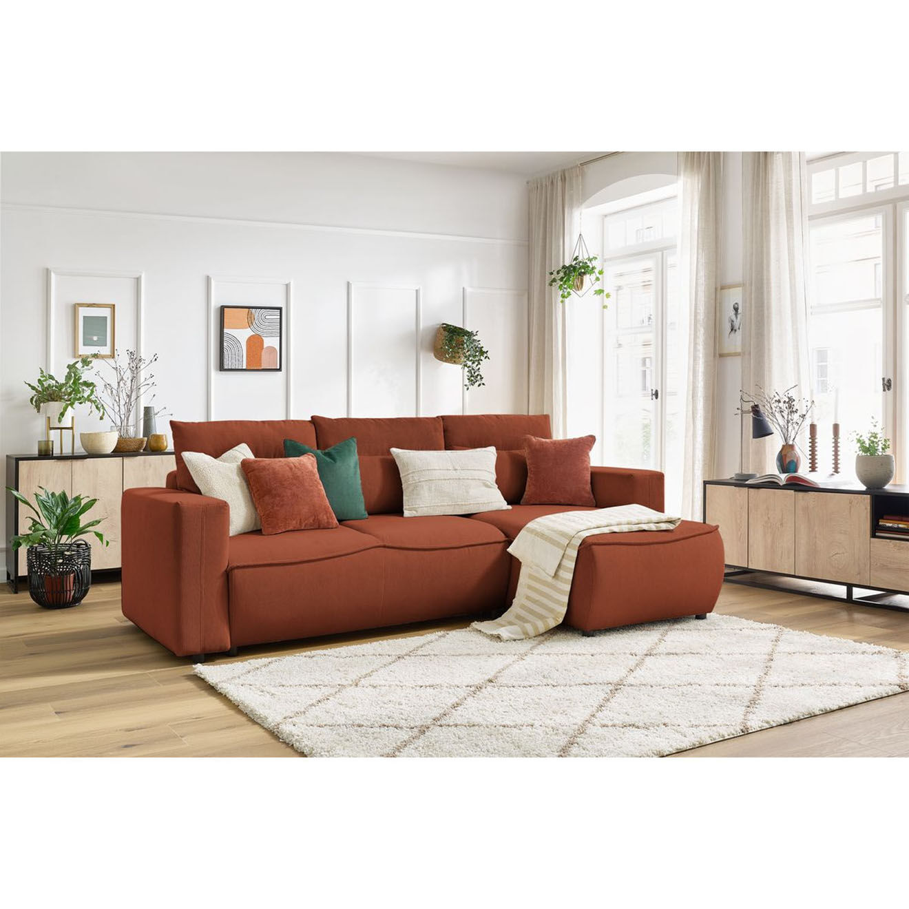 Bobochic Canapé d'angle droit convertible coffre jasmin velours côtelé orange - 256x158x90 cm
