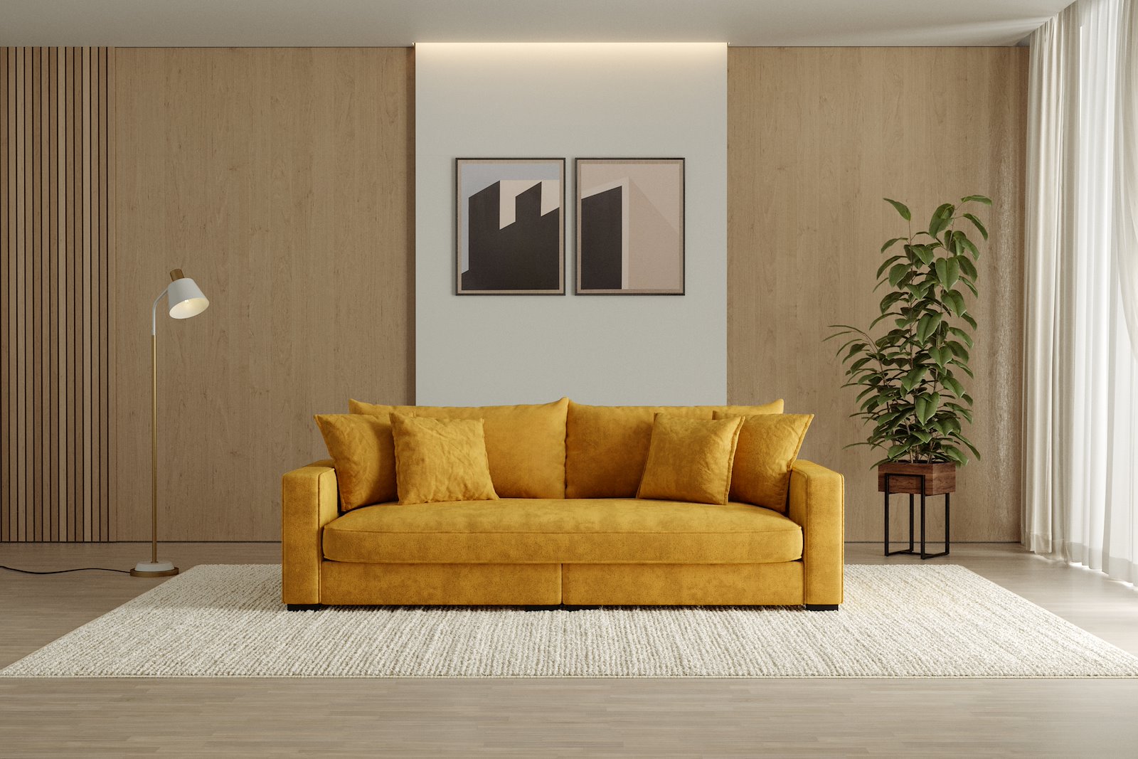 Rossi Lux 3-seter sofa (1 setepute) Tekstil Genesis 10 Golden Yellow, arm B med sorte ben. Lux Komfort.