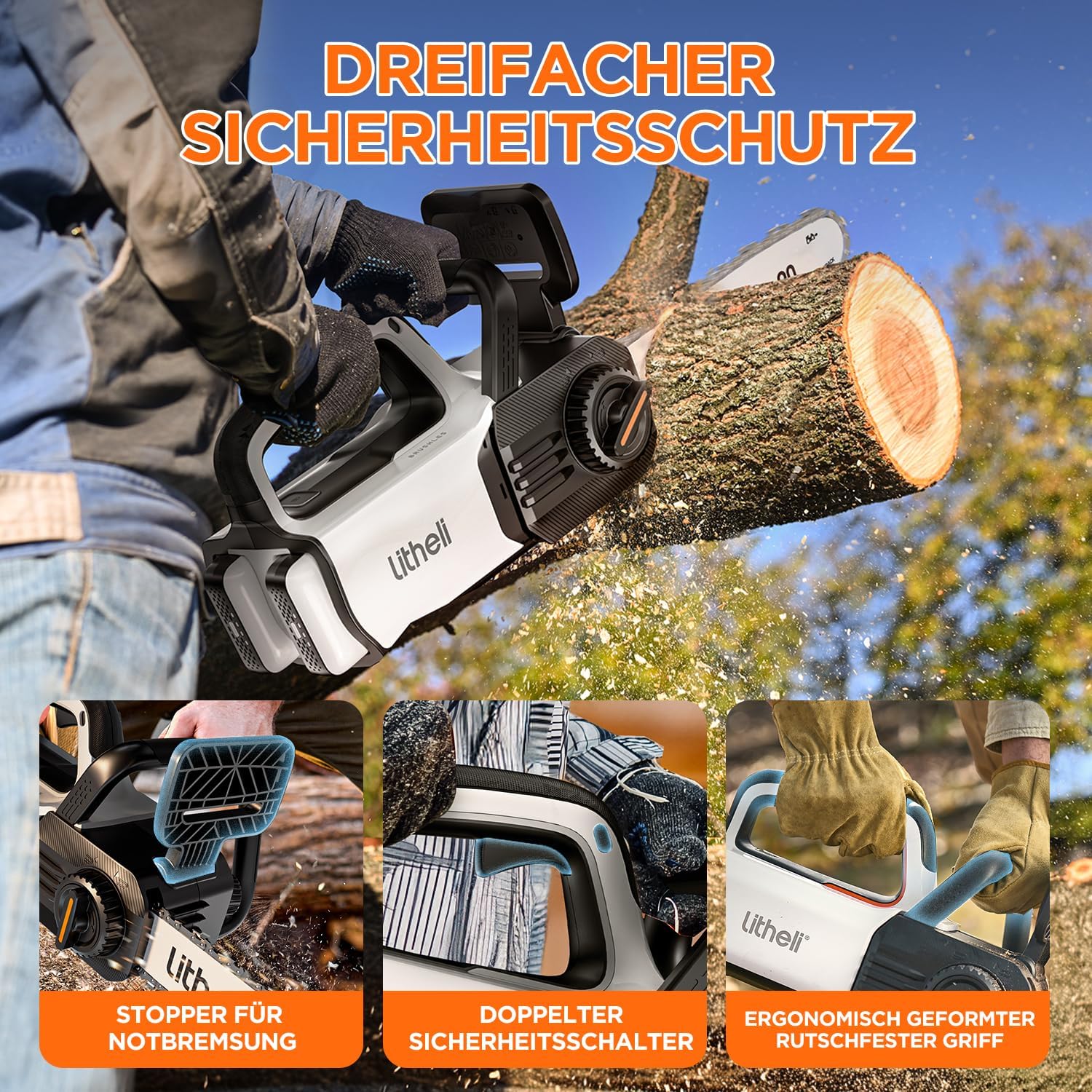 Litheli Akku Kettensäge 30 cm, Bürstenloser Motor, Automatische Kettenschmierung, Inklusive 2×10.000 mAh Akkus, Ideale Motorsäge für Holzarbeiten, Gartenpflege und Baumschnitt