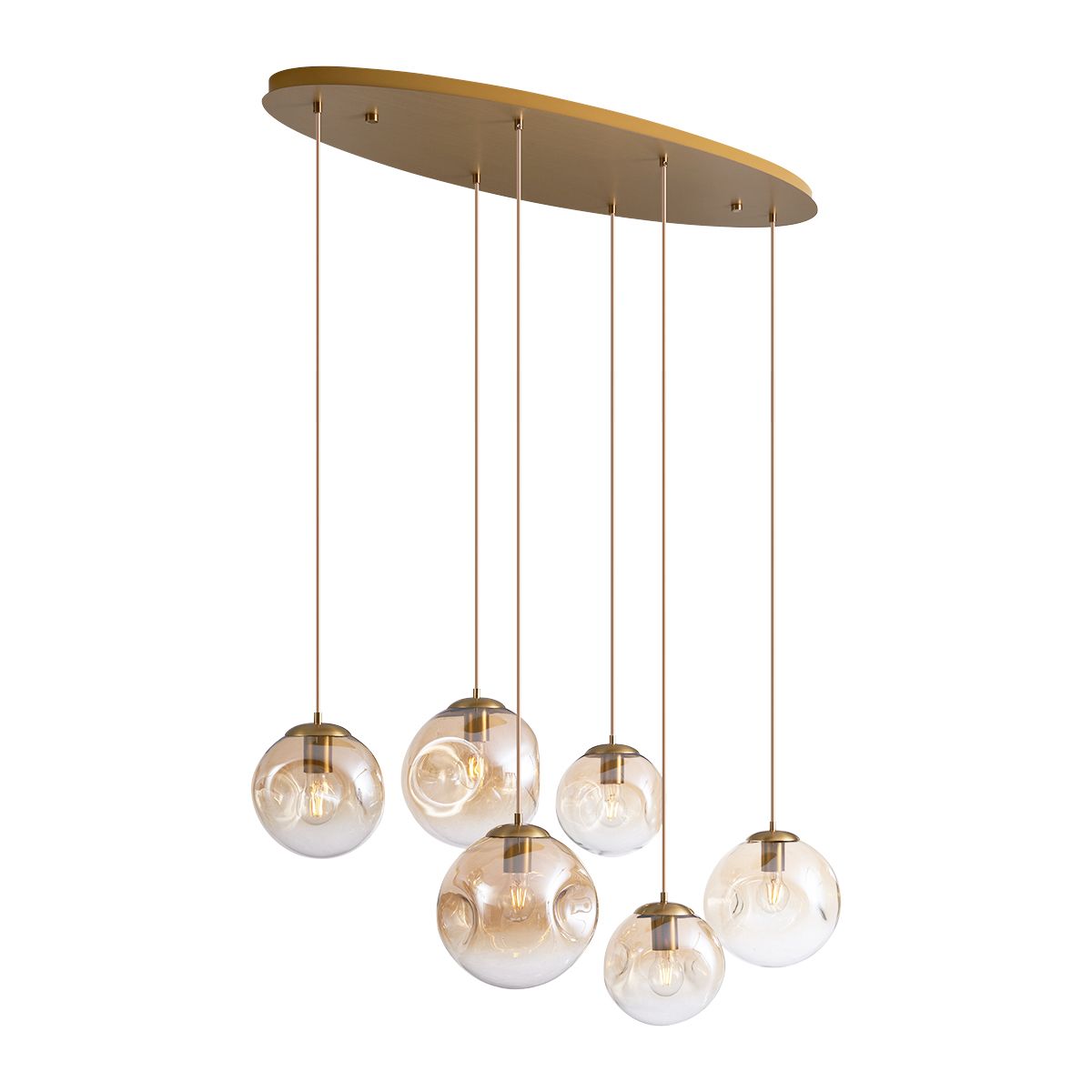 Art deco hanglamp messing met ovale plafondplaat en amber glas 6-lichts - Douglass