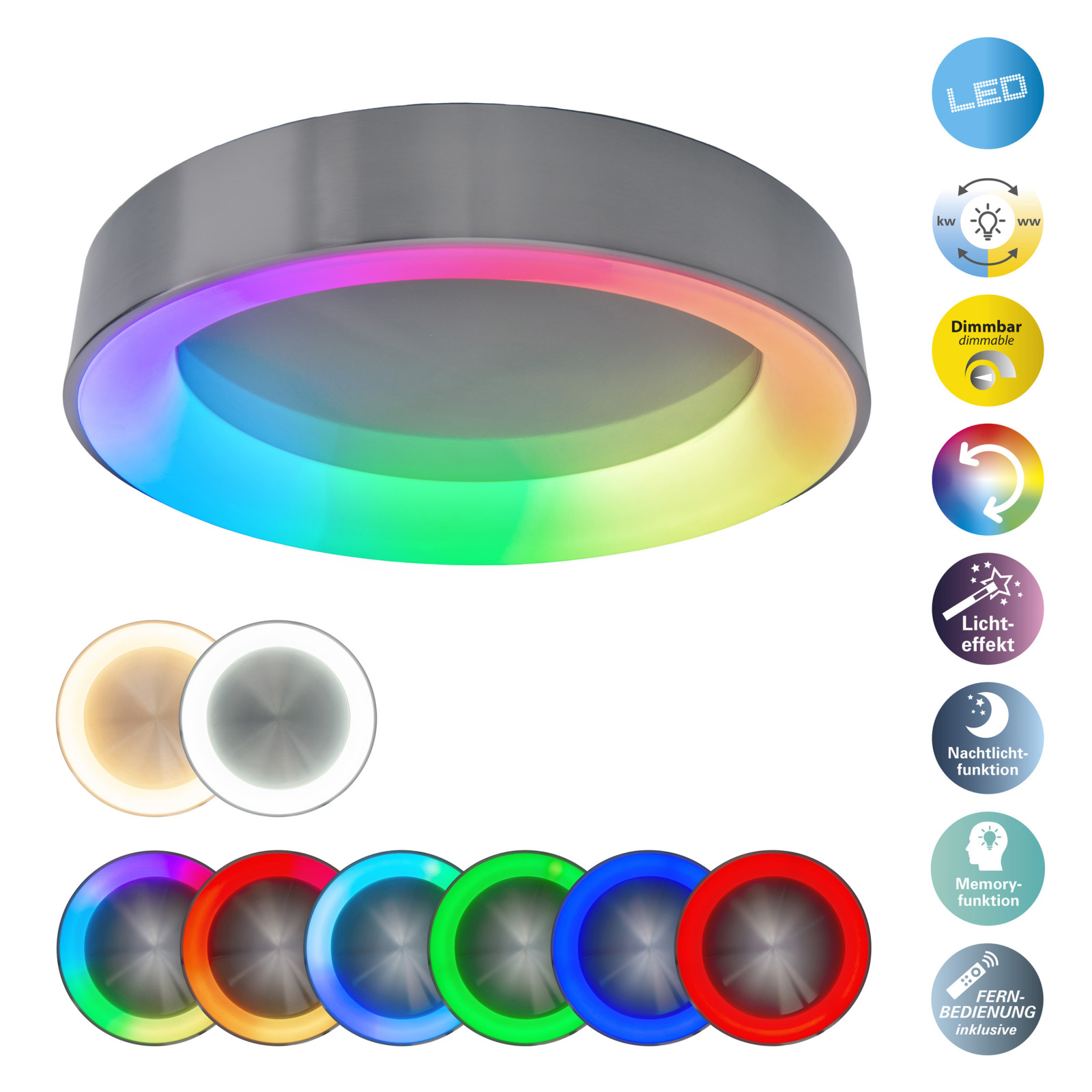 LED-Deckenleuchte MULTO - nickel matt - 46,5 cm - mit Regenbogenspektrum