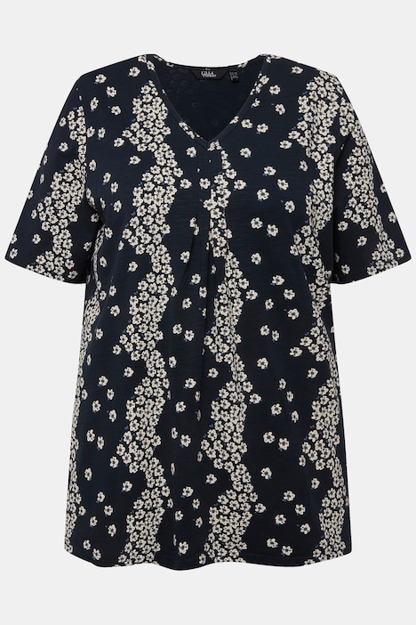 T-Shirt, Blüten, Zierfalten, V-Ausschnitt, Halbarm