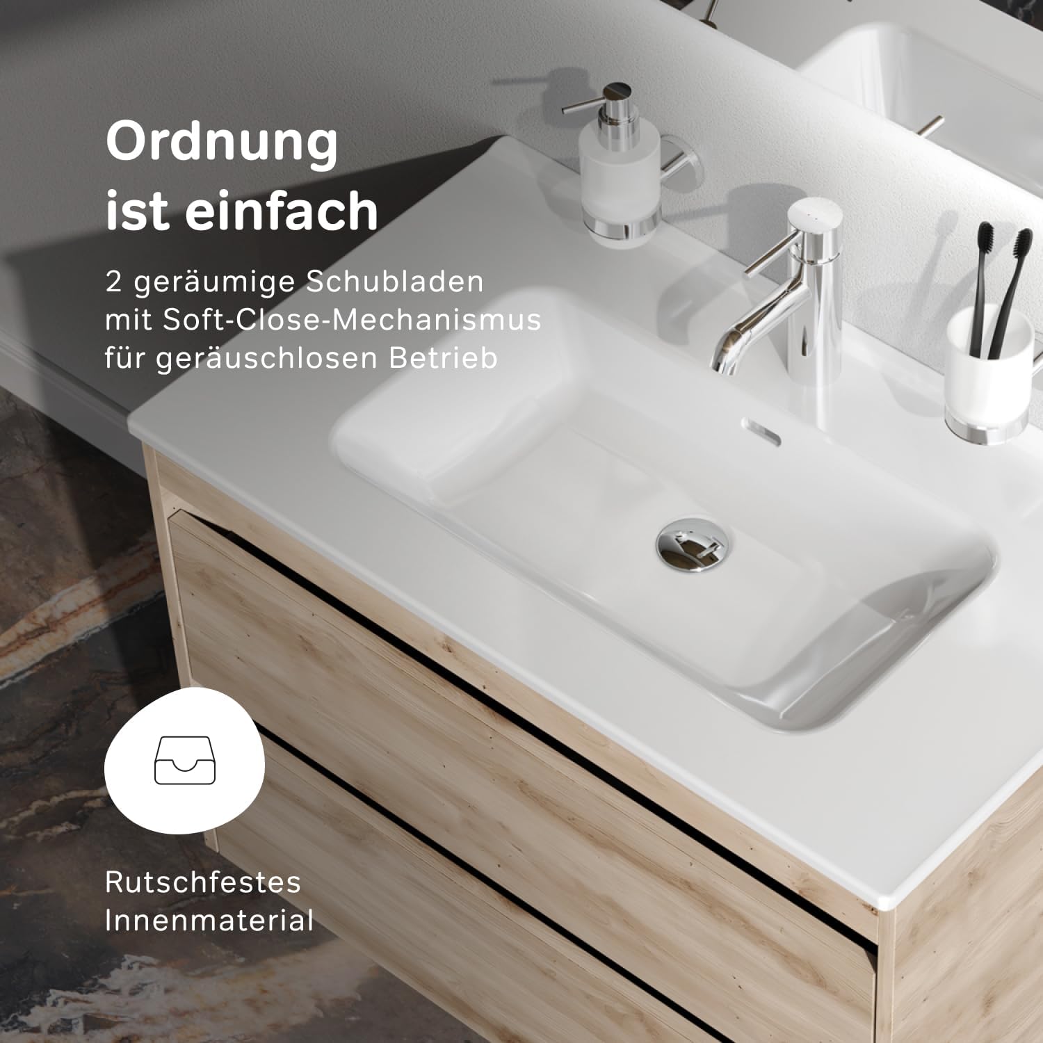 AM.PM Waschbeckenunterschrank Hängend mit Waschbecken, Badmöbel Set für Badezimmer & Gäste-WC, Waschtischunterschrank mit 2 Schubladen, Spike Eiche (81/56 cm)