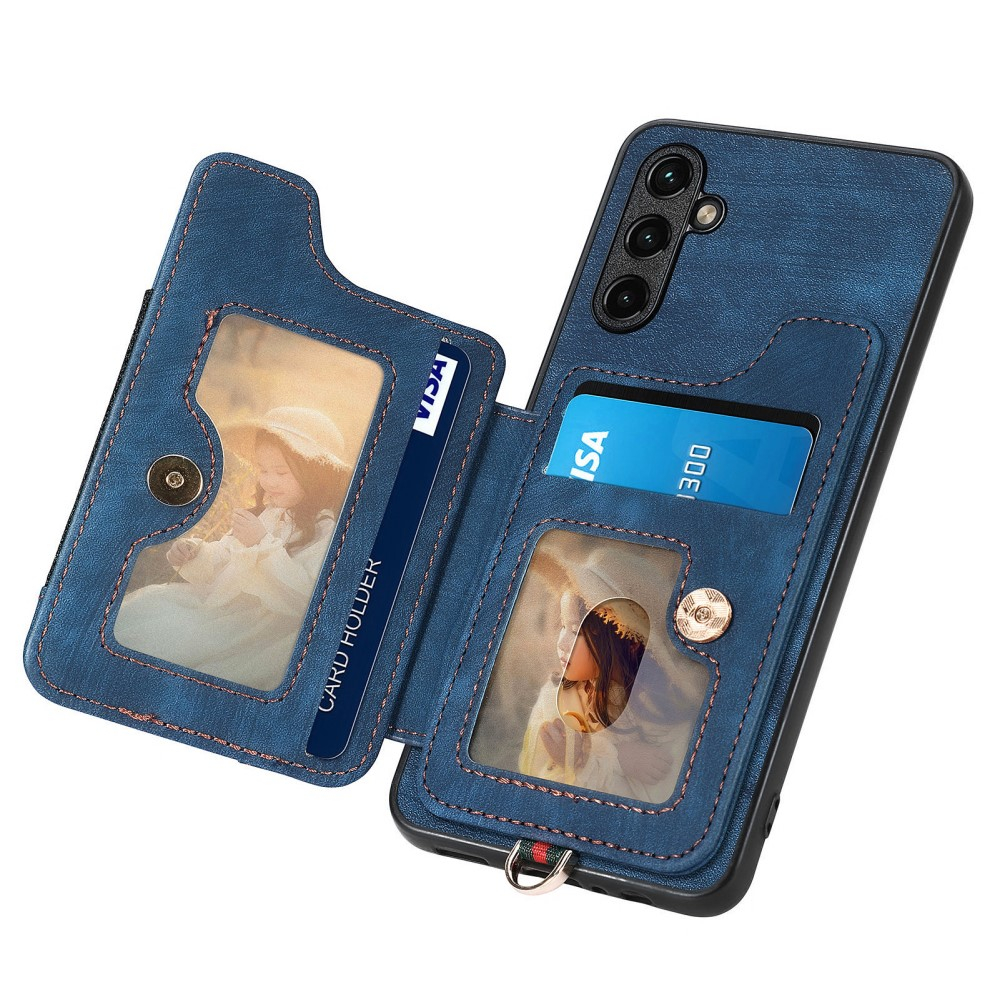 Samsung Galaxy A54 5G Necklace Leder Hülle mit Kartenfächer   Finger Griff Halterung   Handykette (RFID Schutz) - Blau