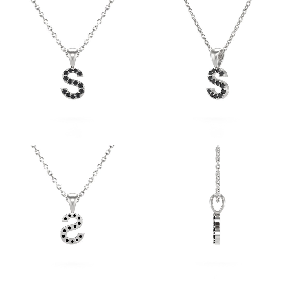 Collier Pendentif ADEN Lettre S Or 750 Blanc Diamant Noir Chaine Or 750 incluse 0.72grs