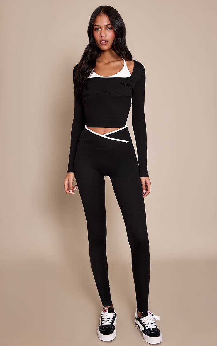 Noir Haut De Sport Tall À Manches Longues Double Couche Sculptant