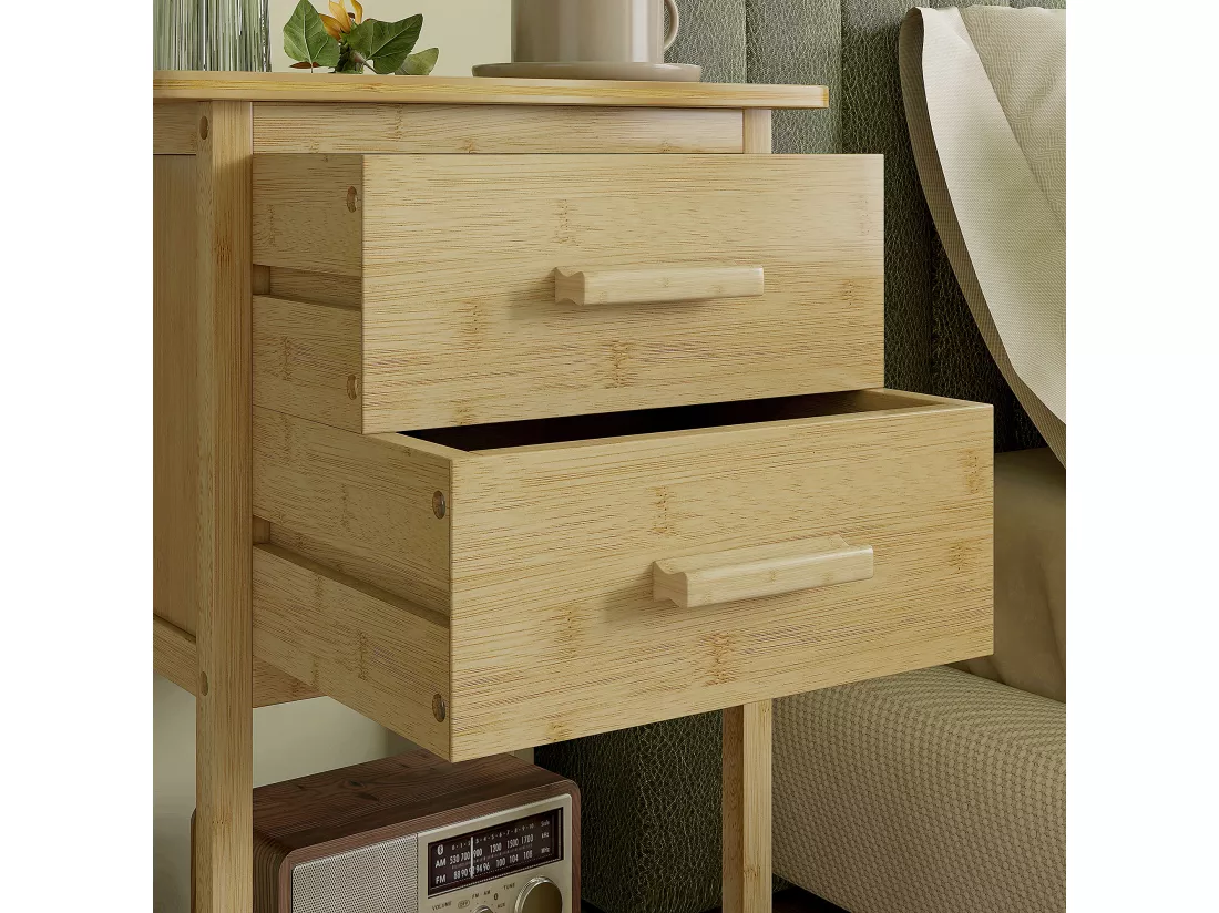 Lot de 2 chevets tables de nuit style naturel - 2 tiroirs, étagère - bois de bambou verni