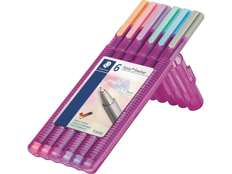 STAEDTLER triplus 334 - Fineliner - pastel lavender, pastelblå himmel, pastel peach, pastel light rose, pastel mint, pastel light gray - vandbaseret blæk - 0.3 mm - superfin (pakke med 6)
