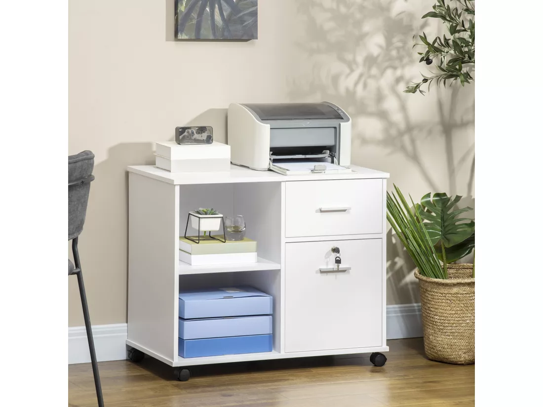 Support d'imprimante organiseur bureau caisson avec 2 tiroirs dont 1 verrouillable avec clé 2 niches grand plateau dim 80L x 40l x 66,5H cm blanc