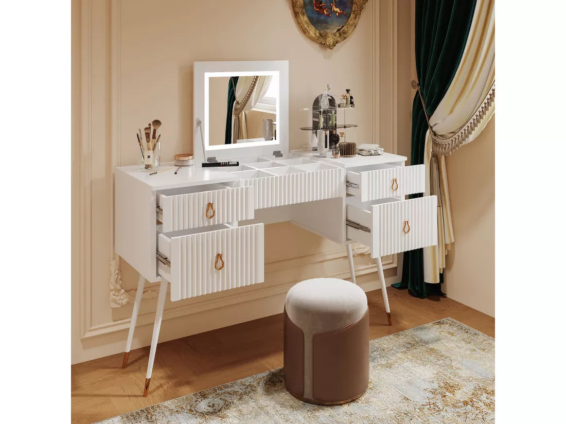 Coiffeuse - 4 tiroirs & miroir pliable à LED réglable - MDF - Blanc (tabouret non inclus)