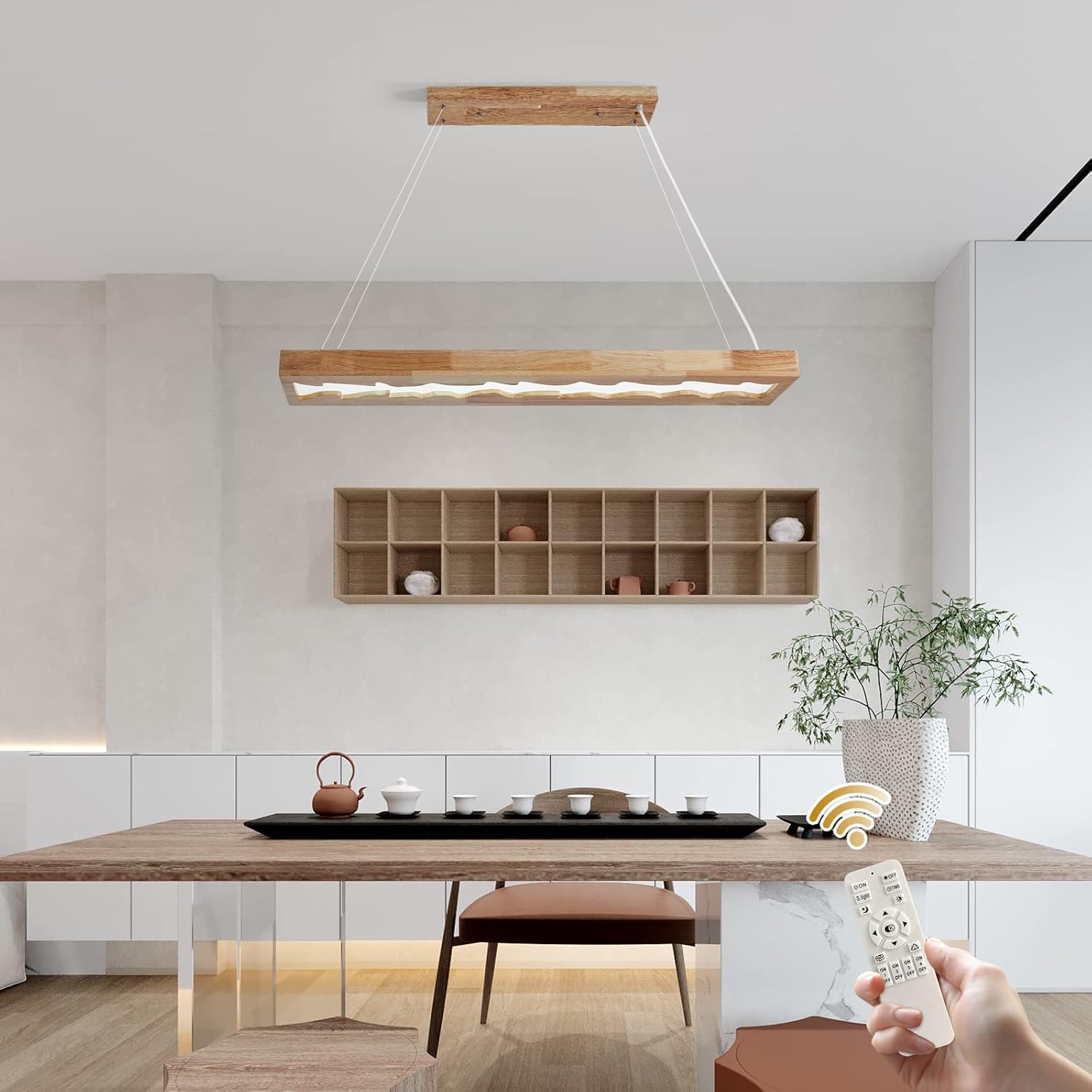 LED-Hängeleuchte aus Holz, dimmbare rustikale Holz-Hängelampe für Esstisch, Höhenverstellbare Deckenleuchte,40W,100cm