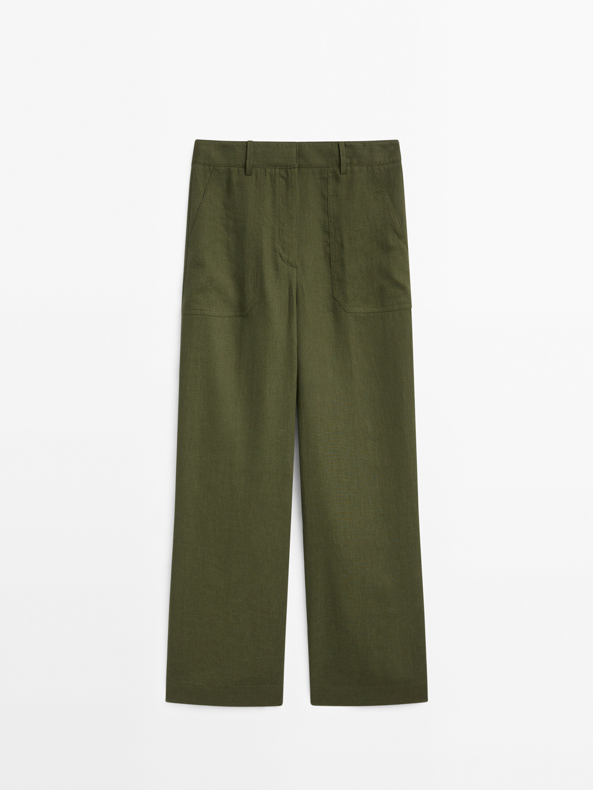 Calça cropped 100% linho com bolsos - VERDE