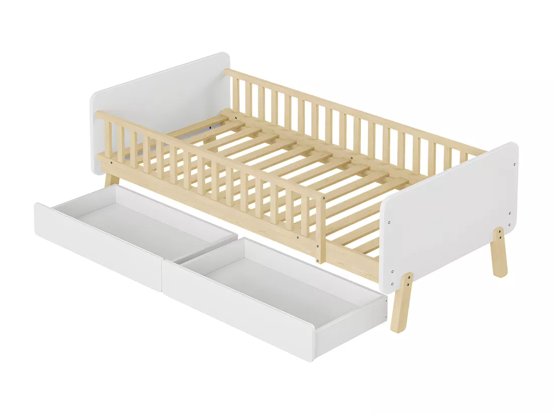 Lit enfant 90x190cm avec 2 tiroirs - lit simple en bois massif avec sommier à lattes - Blanc