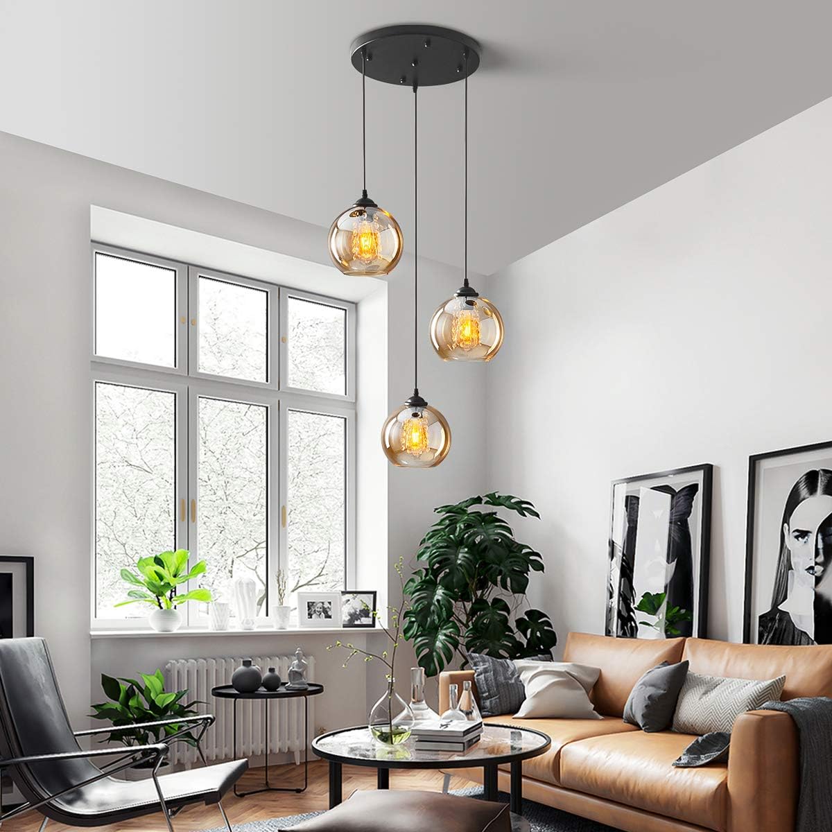 H.W.S Glas Pendelleuchte Kristall Pendellampe Modern Kugel Kronleuchter Design Kreative Hängeleuchte Höhenverstellbar Innen Dekoration Hängelampe Wohnzimmer Leuchte (Amber, 3 flamming round)