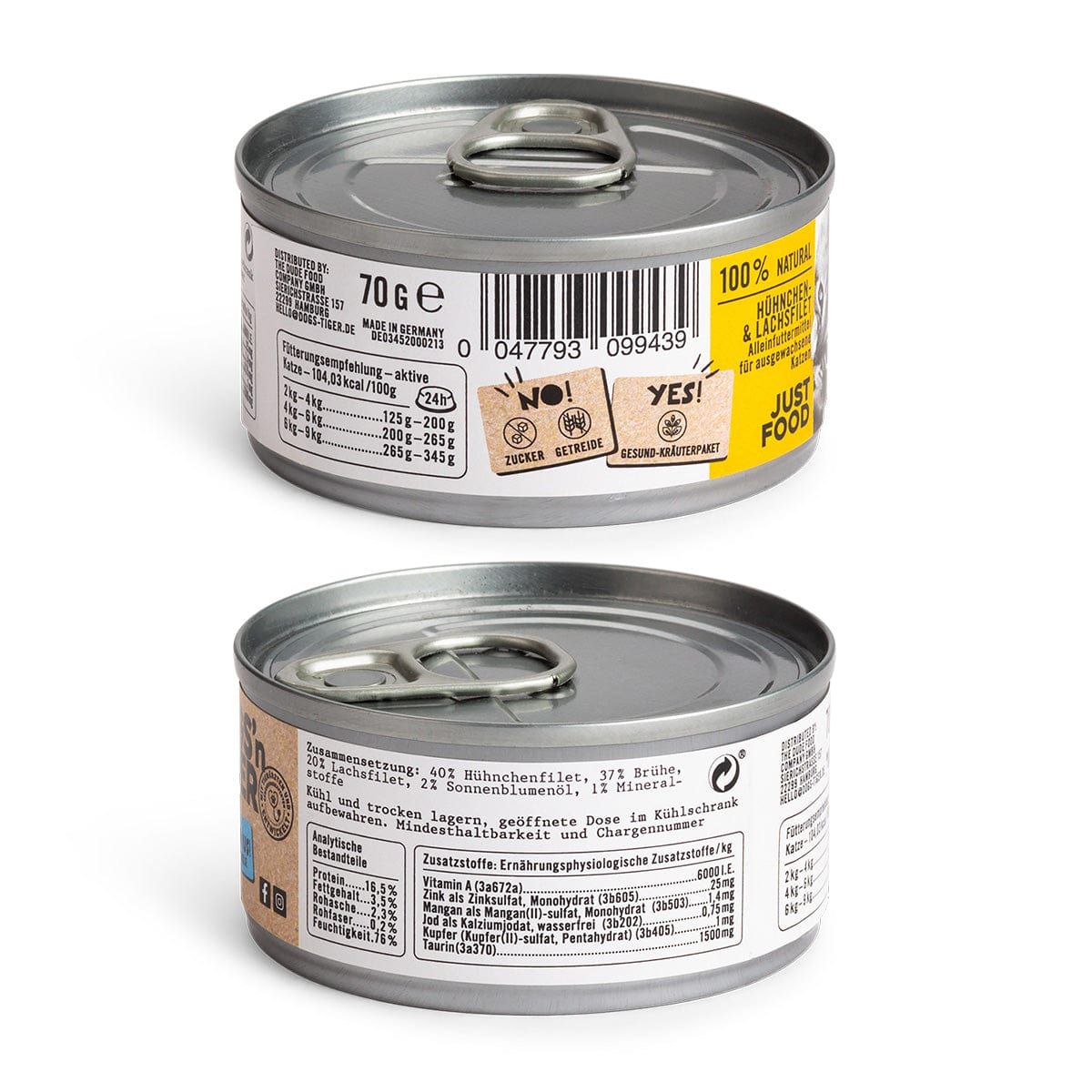Dogs’n Tiger Adult, Premium Katzenfutter, Glück, Nassfutter, Getreidefrei, Huhn & Lachs