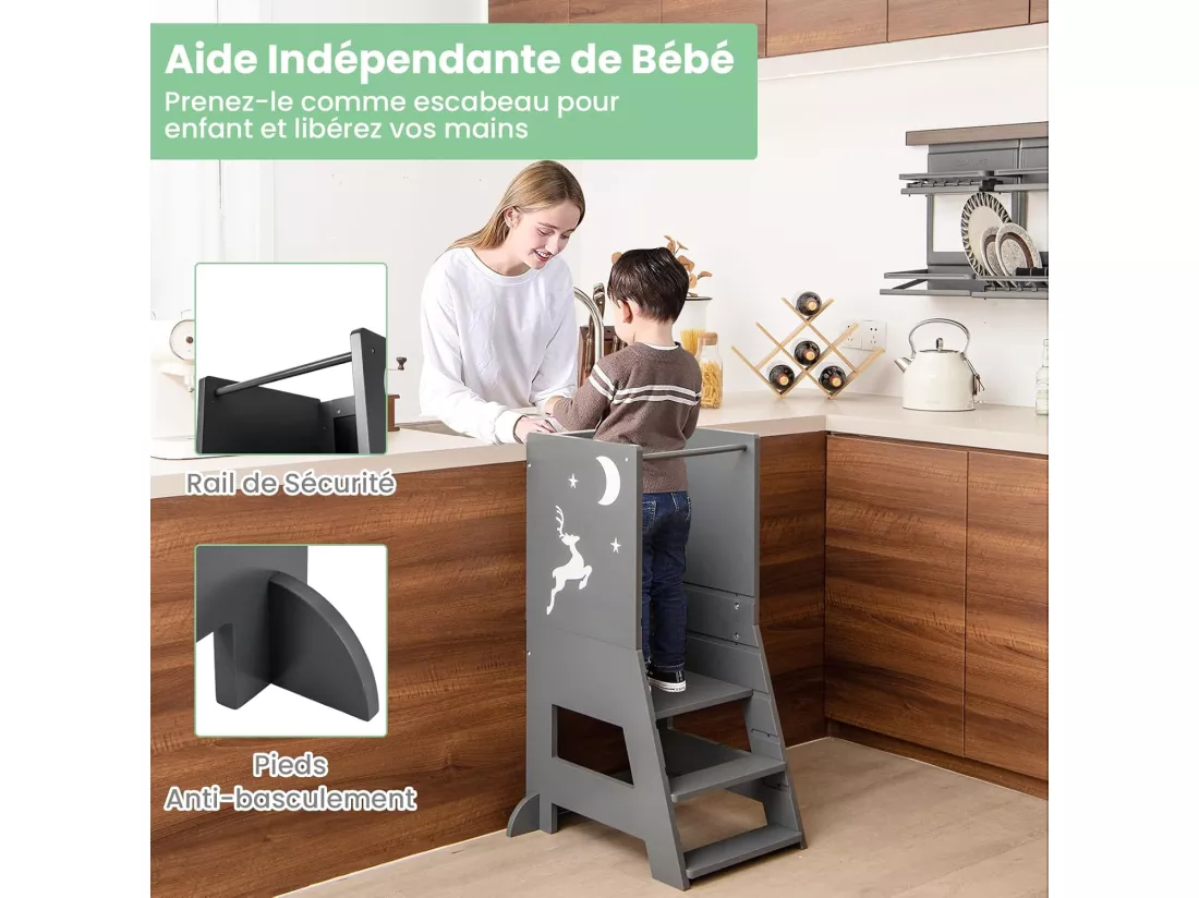 Tour d'apprentissage Enfant avec Hauteur Réglable & Tableau, Tour d'Observation Montessori en Bois avec Rail de Sécurité & Pieds Anti-Bascule, Charge 70kg pour Enfant de 1-7 Ans (Gris)