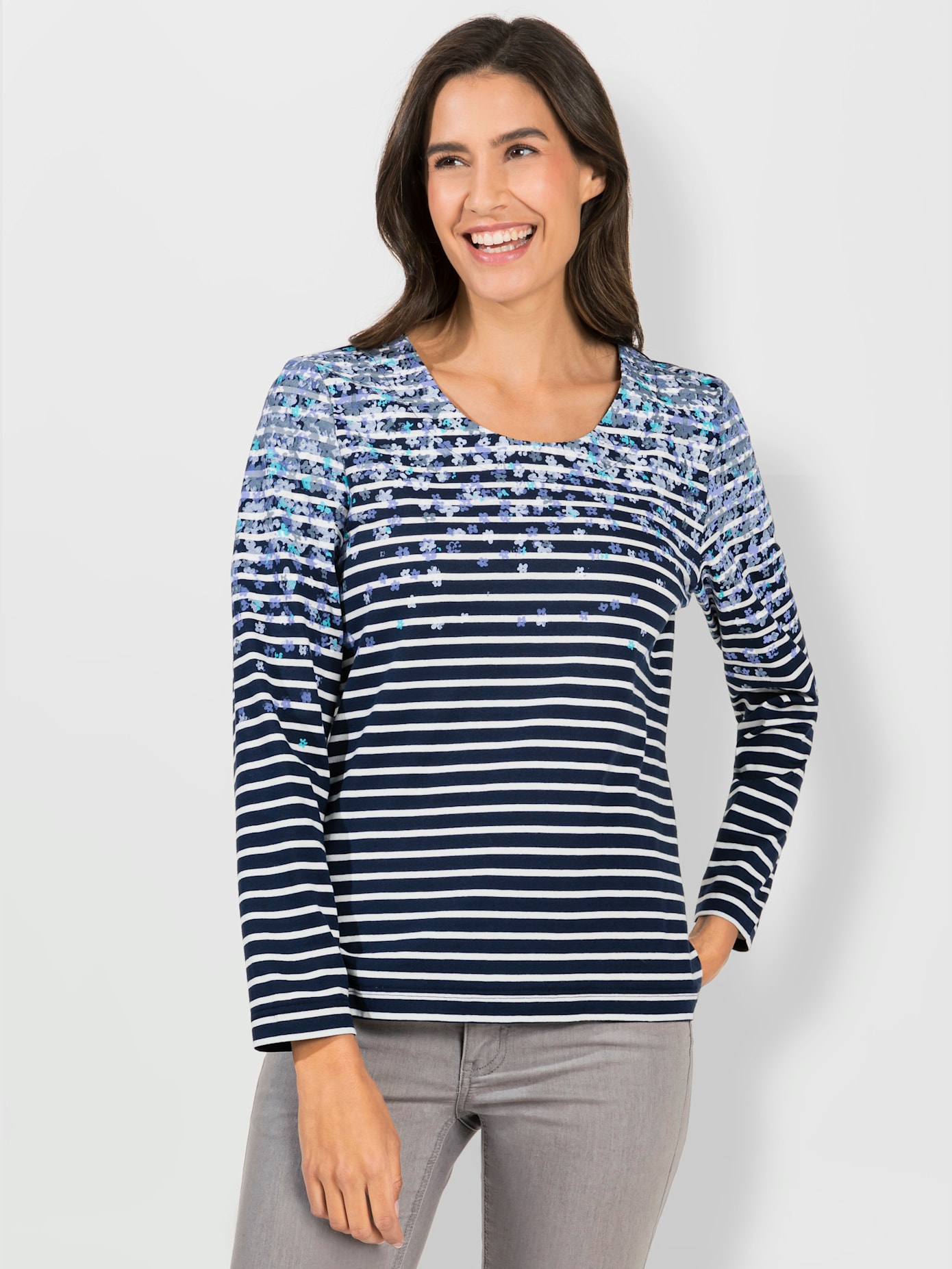 T-shirt rayé imprimé fleurs col rond manches longues
