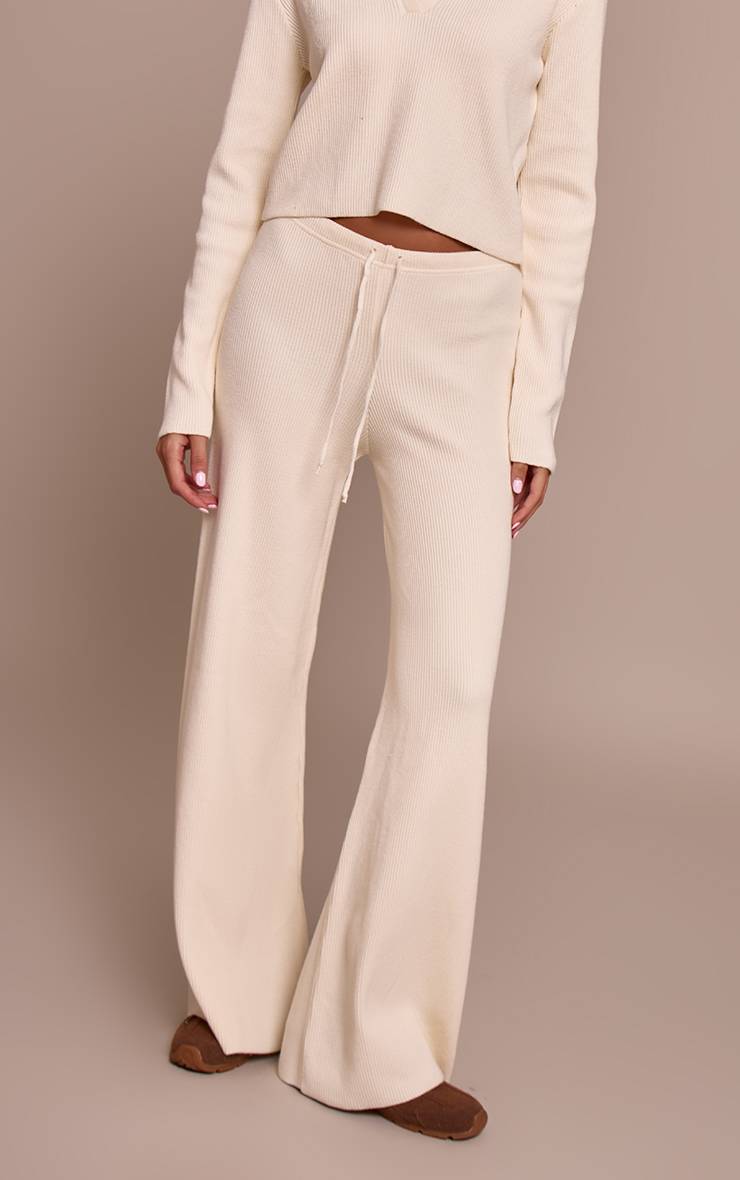 Crème Pantalon En Maille Côtelée À Jambes Larges