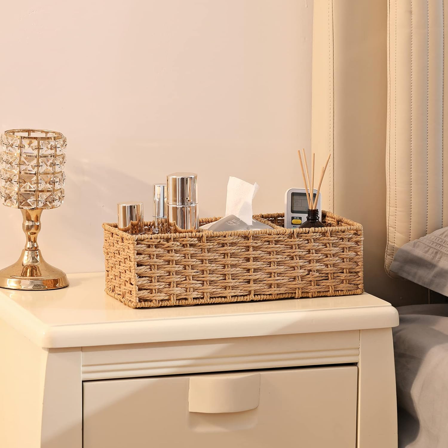 (36x15cm) Rattan Aufbewahrungs Korb Deko Organizer mit 3 Fächern für Badezimmer / Küche / Wohnzimmer - Braun