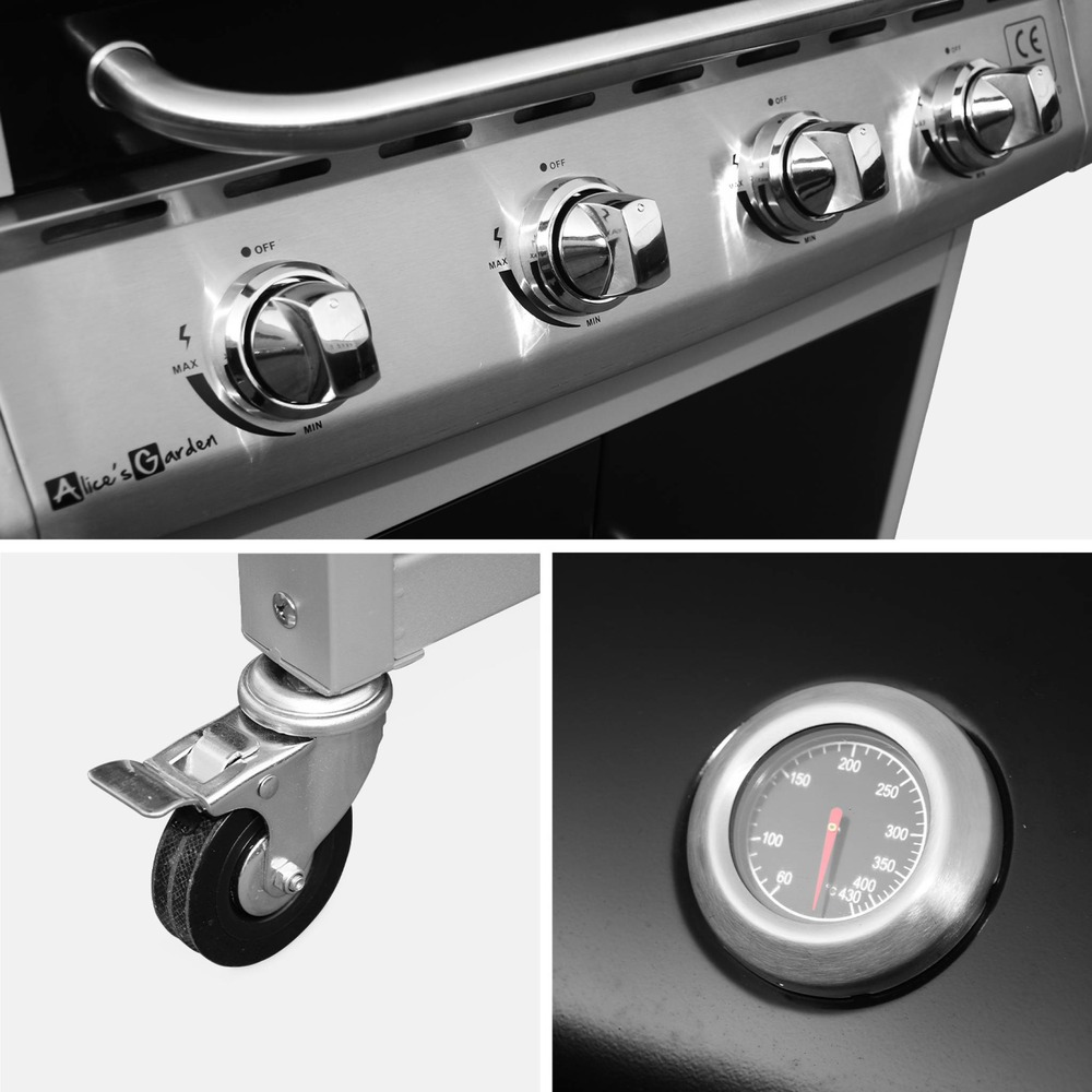 Barbecue gaz inox 17kw - richelieu noir - barbecue 5 brûleurs dont 1 feu latéral. Côté grill et côté plancha