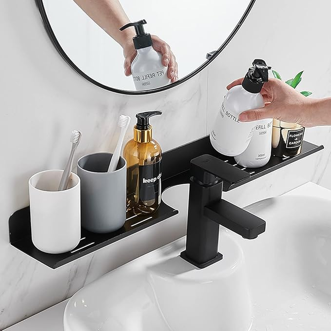 (60x10cm) Schwebendes Badezimmer Wasserhahn Regal Selbstklebende Waschbecken Ablage Wandregal ohne Bohren - Schwarz