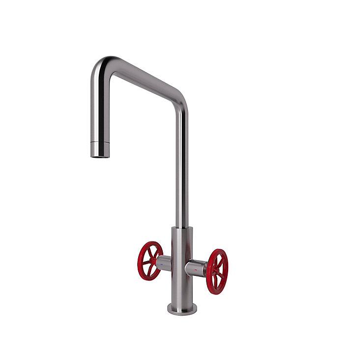 Mitigeur de cuisine inox brossé GoodHome Kamut avec 2 manettes rouges