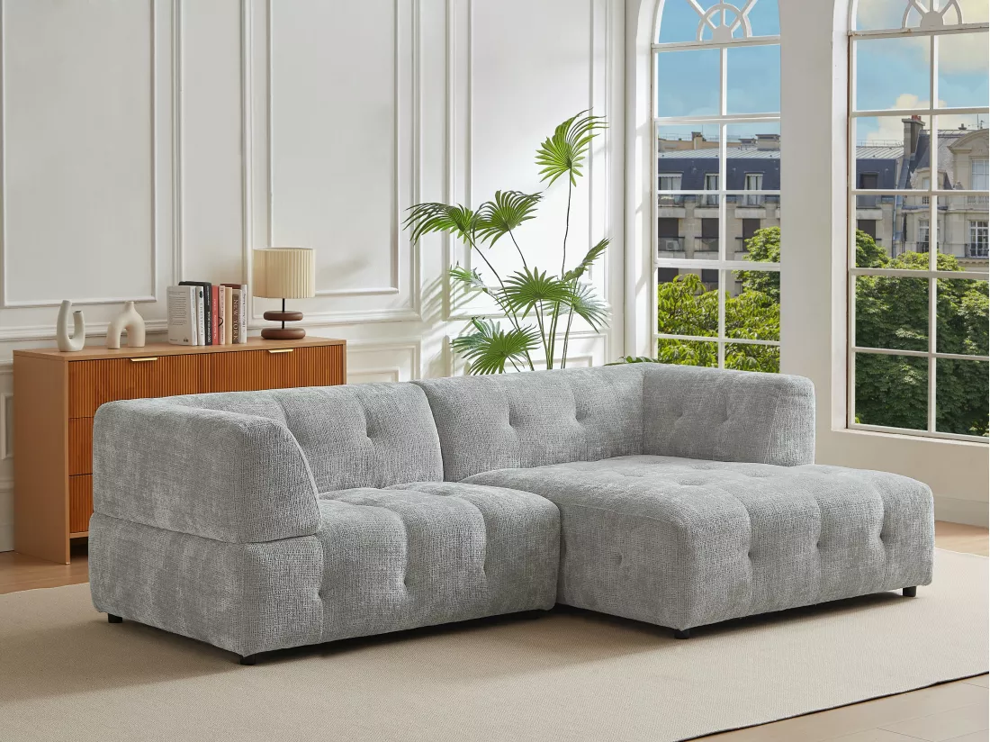 Canapé d'angle droit en tissu texturé gris NOSAVO
