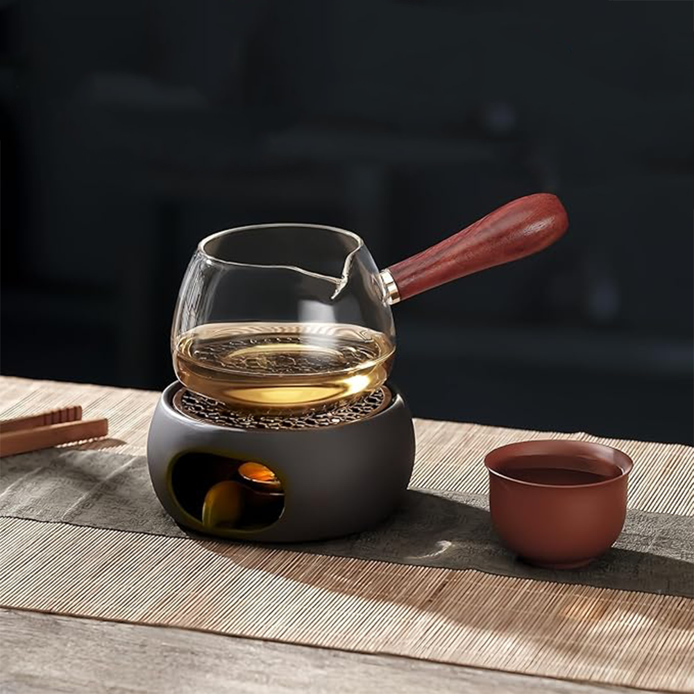 (4-tlg. Set) Keramik Stövchen Tee Kannen Wärmer Home Deko Teetassenwärmer Warmhalteplatte inkl. Teelichter - Braun