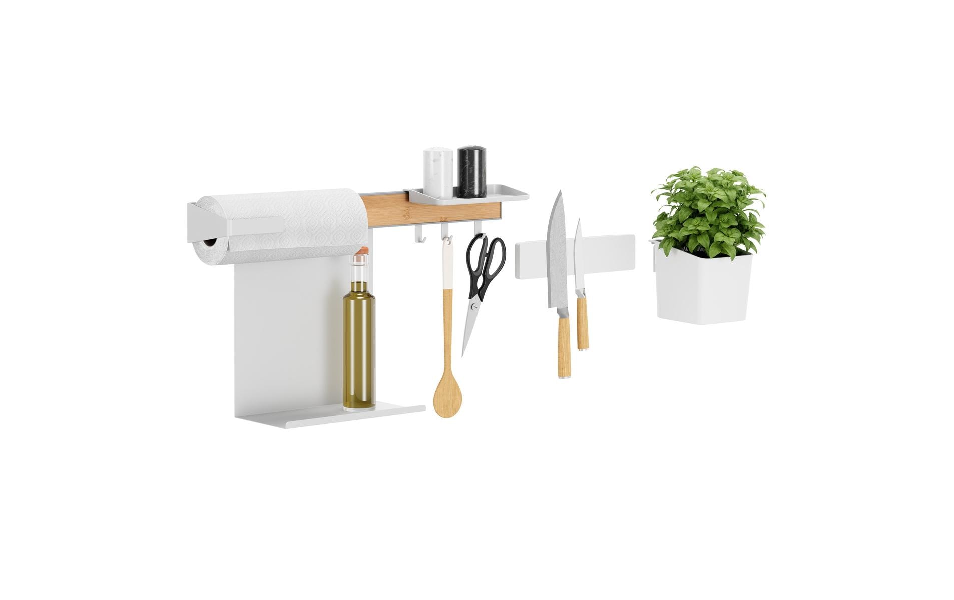 Kombi Set L Bambus/Weiss<br>Selbstklebende Leiste mit Topf, Ablage, Halter für Messer und Rollen und Haken