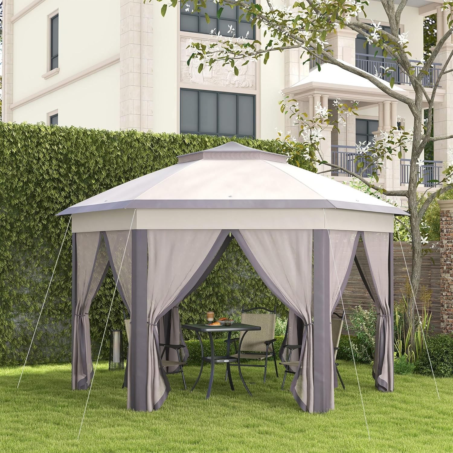 Outsunny Pavillon 4x4m Wasserdicht Pop-up sechseckiger Faltpavillon, Doppeldach, Gartenpavillon mit 6 Seitenteilen, Partyzelt inkl. Tragetasche, für Garten, Terrasse, Festival, Kaffee+Beige