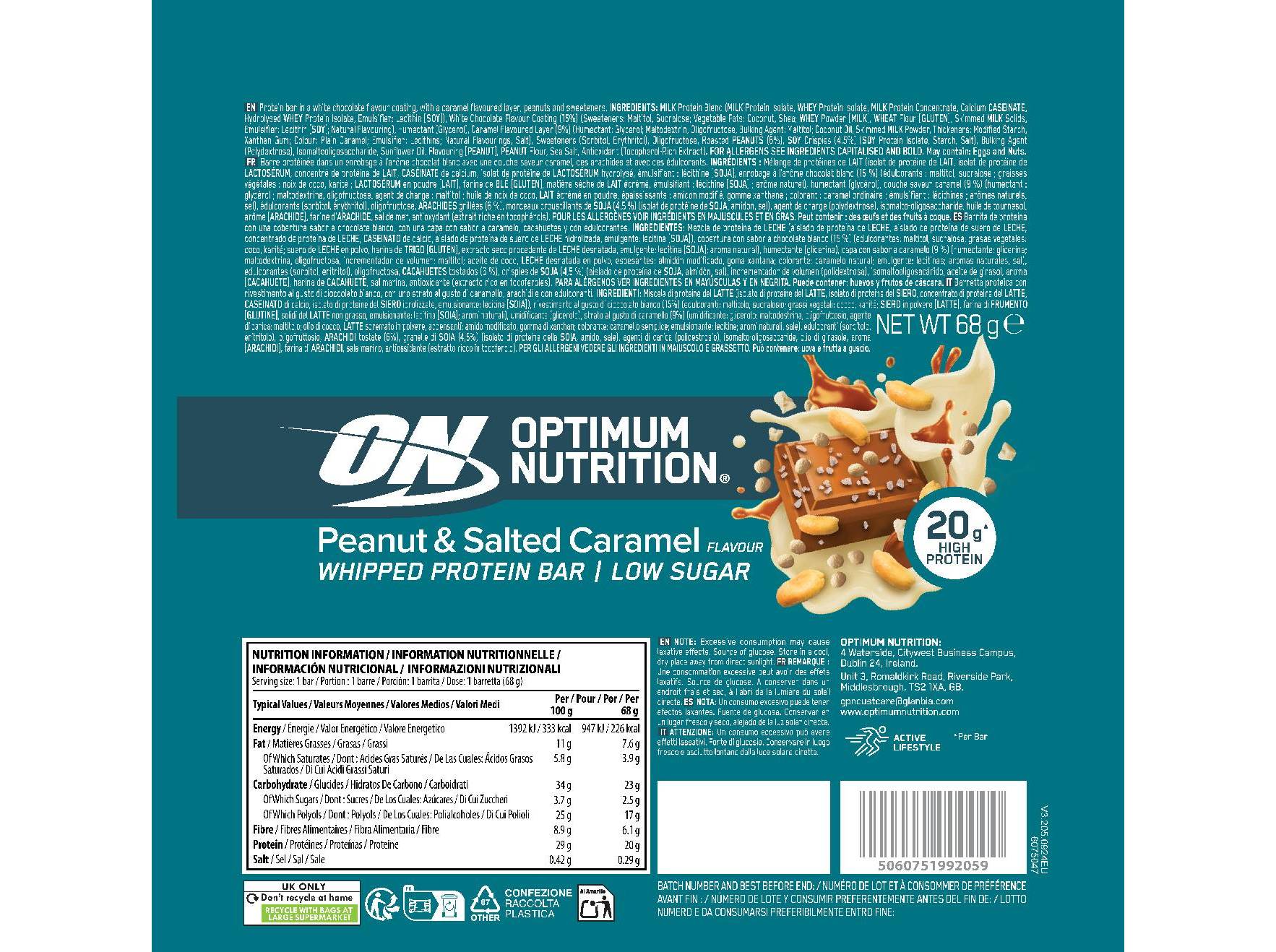 BARRA PROTEINA OPTIM NUT CARAMELO SALGADO 68G