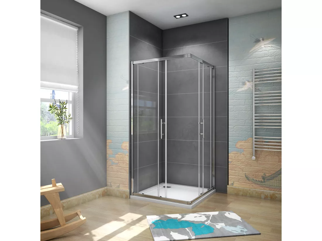 AICA Cabine de douche 90x90x185cm accès d'angle - Chromée , porte de douche coulissante, en 6mm verre anticalcaire, cabine de douche noire