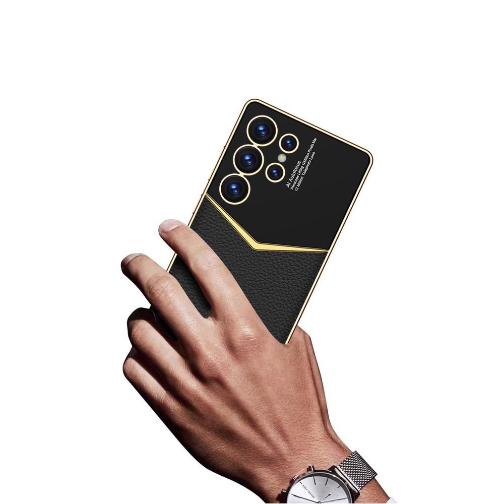 Samsung Galaxy S25 Ultra Leder Hardcase Hülle mit Galvanisiertem Rahmen   Kameraschutz - Weiss / Gold