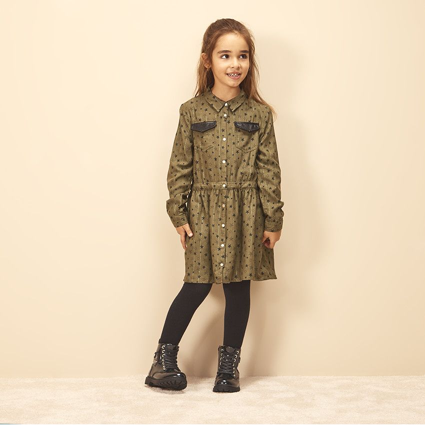 Robe manches longues imprimé étoiles pour fille - Kaki