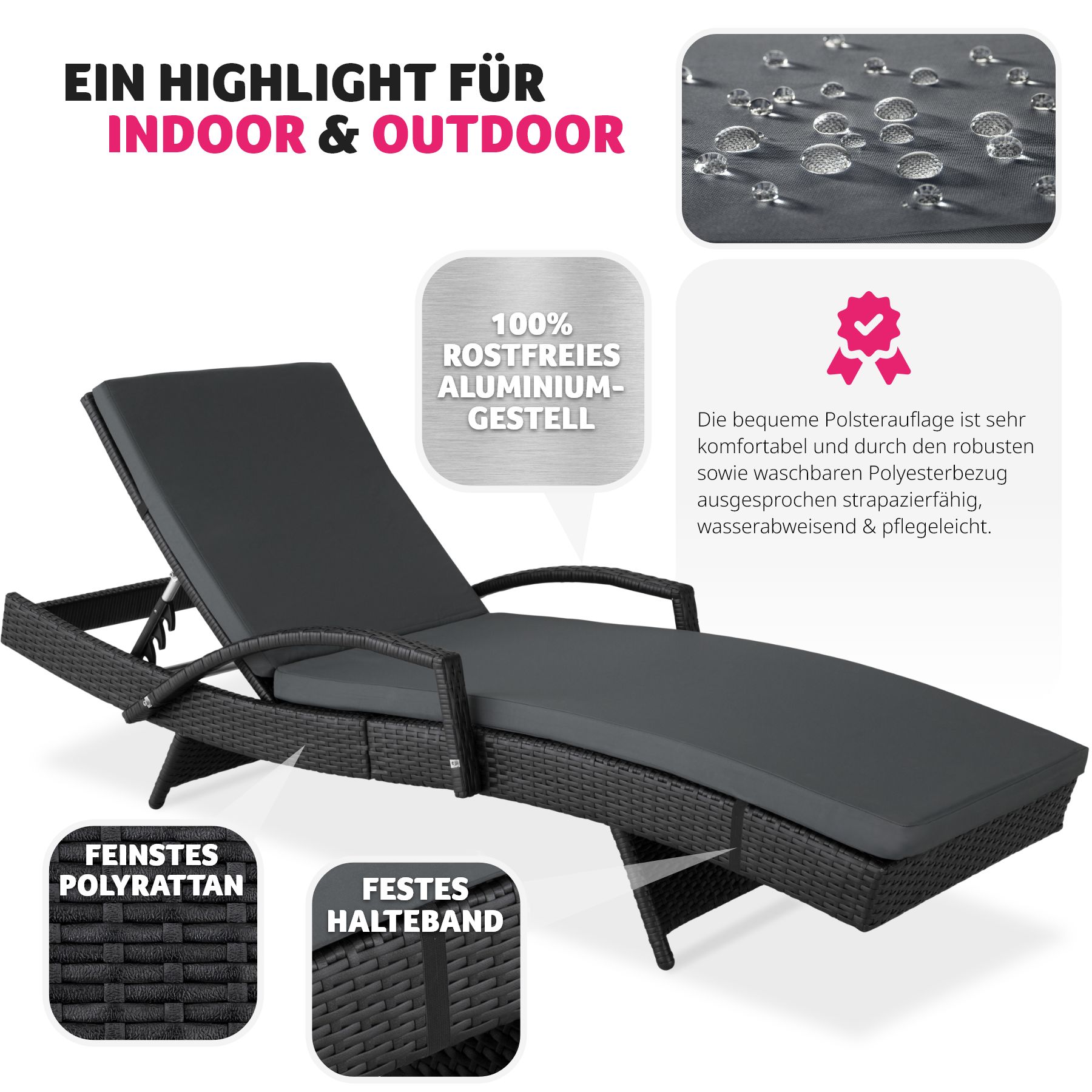 tectake® Rattan Sonnenliege, mit Aluminiumgestell, UV-beständig, 190 x 62 x 34 – 74,5 cm